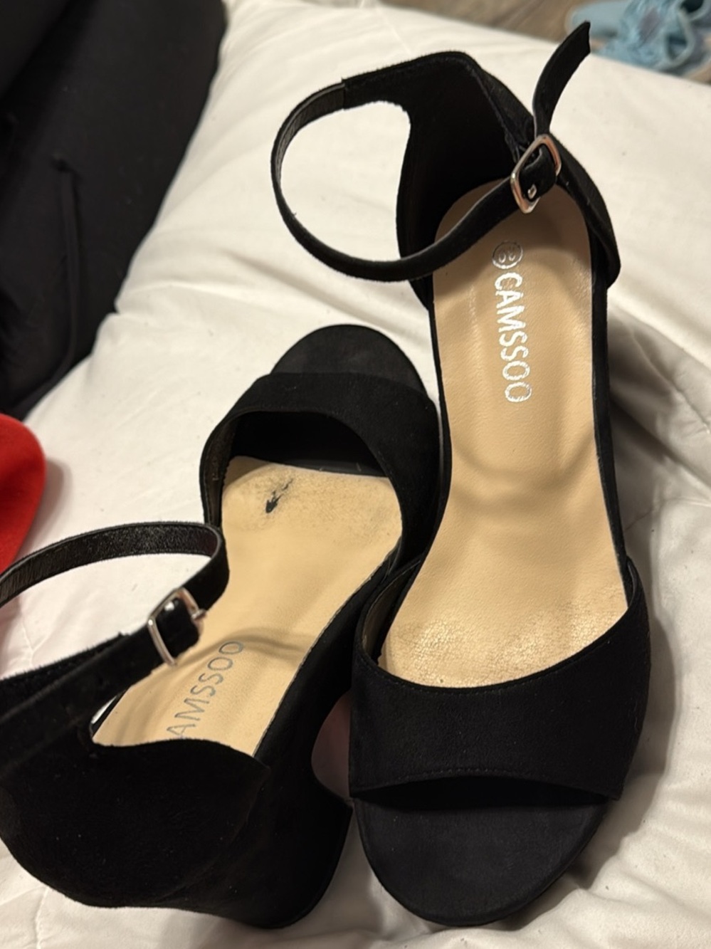 Camssso Black Ankle-Strap Wedge Heels